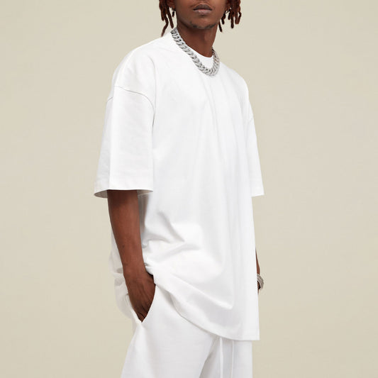 Men’s Oversized White Cotton T-Shirt 305G Heavyweight Layering Essential Crewneck TShirt for Men Unisex Boxy Fit Solid Color Streetwear Tee