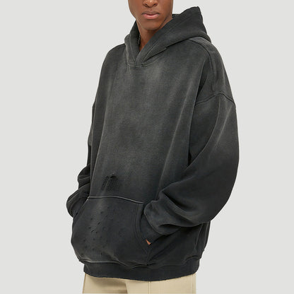 Men’s Oversized Black Hoodie 360G Fleece Vintage Wash Distressed Y2K Streetwear Gradient Pullover Hooded Sweatshirt