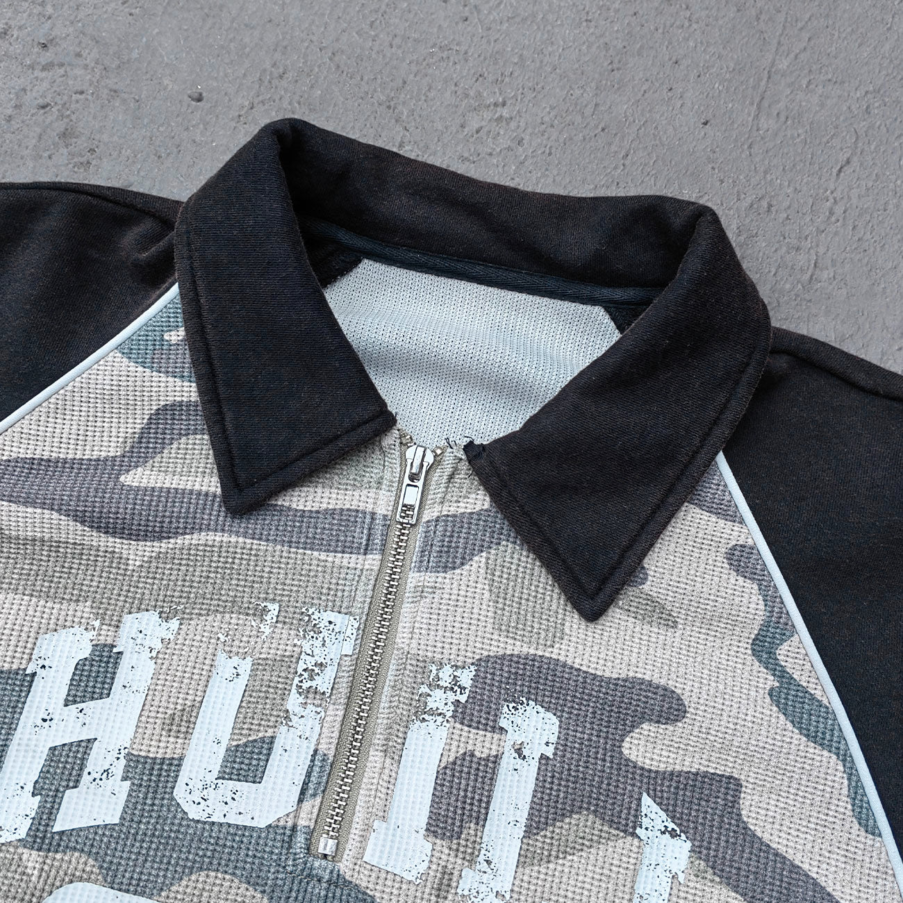 Camo Color Block Half Zip Polo - HUILI 2003 Print Y2K Rugby Shirt Streetwear