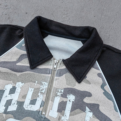 Camo Color Block Half Zip Polo - HUILI 2003 Print Y2K Rugby Shirt Streetwear