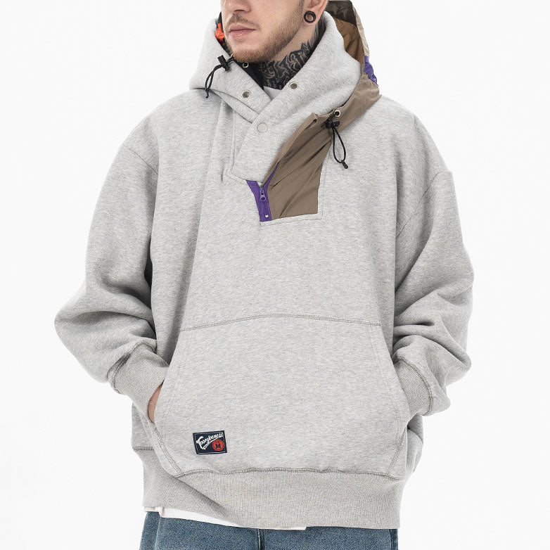 Huili manufacturer autumn and winter new fashion brand irregular splicing solid color function hooded loose fleece hoodie