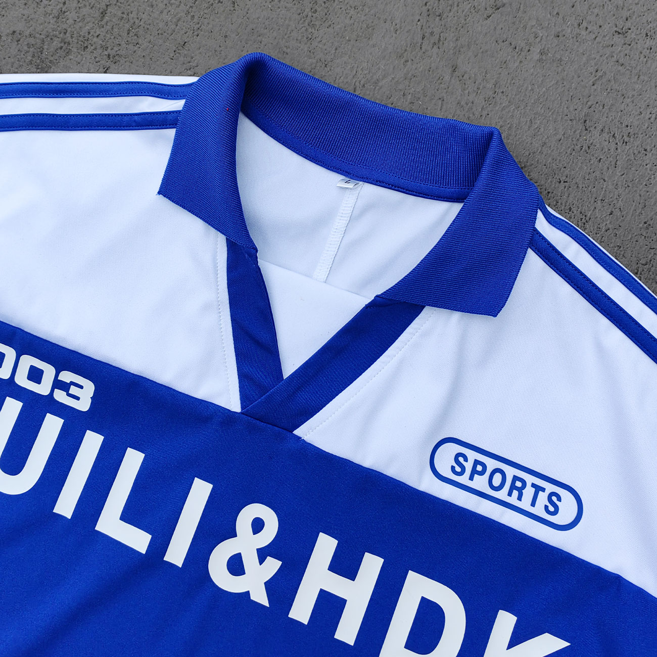 HUILI HDK 2003 Football Jersey - Blue White Color Block V Neck Three Stripe Y2K Streetwear
