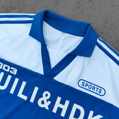 HUILI HDK 2003 Football Jersey - Blue White Color Block V Neck Three Stripe Y2K Streetwear