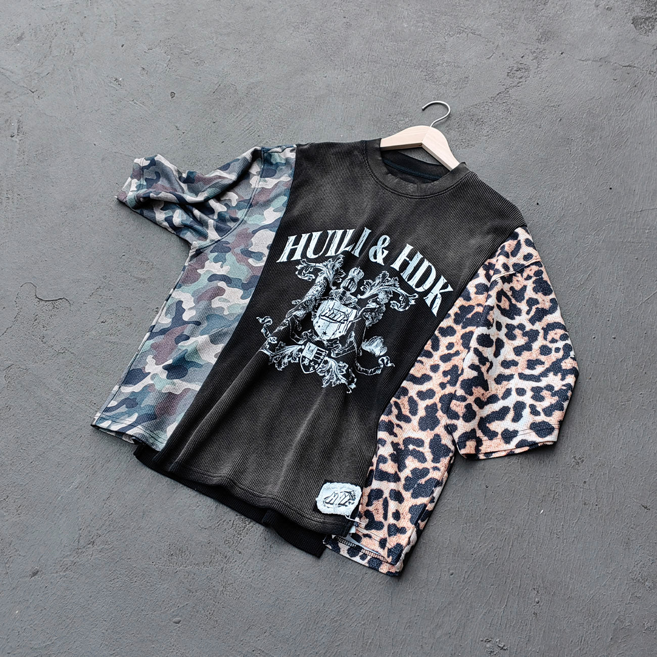 Patchwork T-Shirt - Black Waffle Camo Leopard HUILI HDK Crest Print Y2K Streetwear