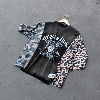 Patchwork T-Shirt - Black Waffle Camo Leopard HUILI HDK Crest Print Y2K Streetwear