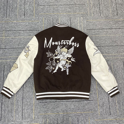 factory wholesale custom logo chenille embroidery letterman varsity jacket with leather sleeves