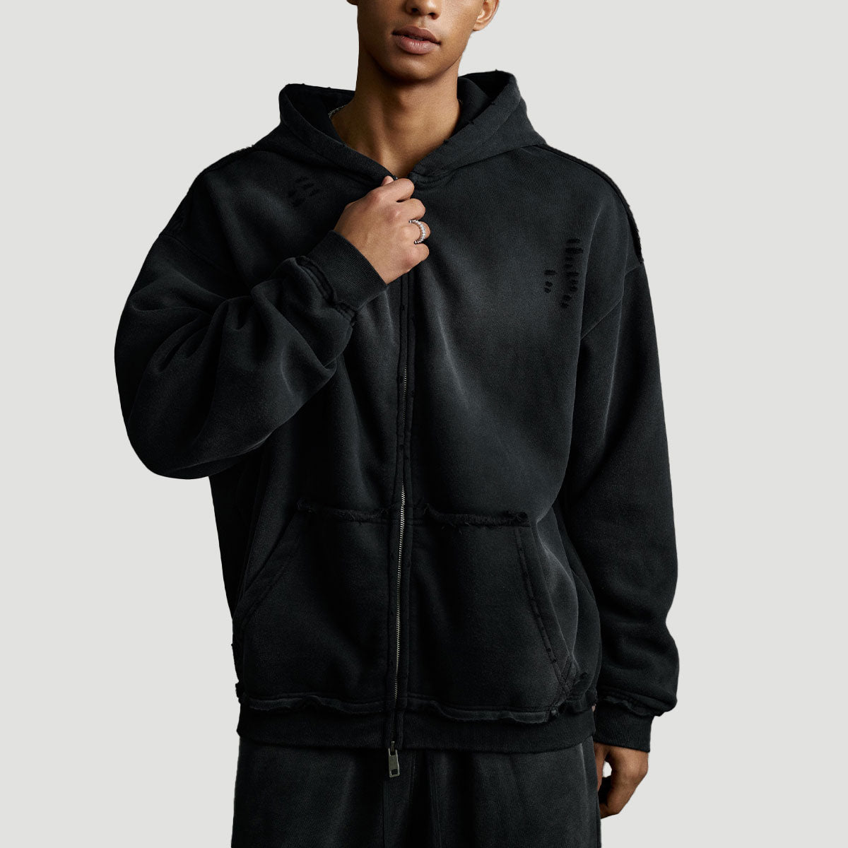 Men’s Oversized Gradient Zip Up Hoodie, Heavyweight 400G Fleece Vintage Streetwear Hooded Jacket, Washed Casual Sweatshirt