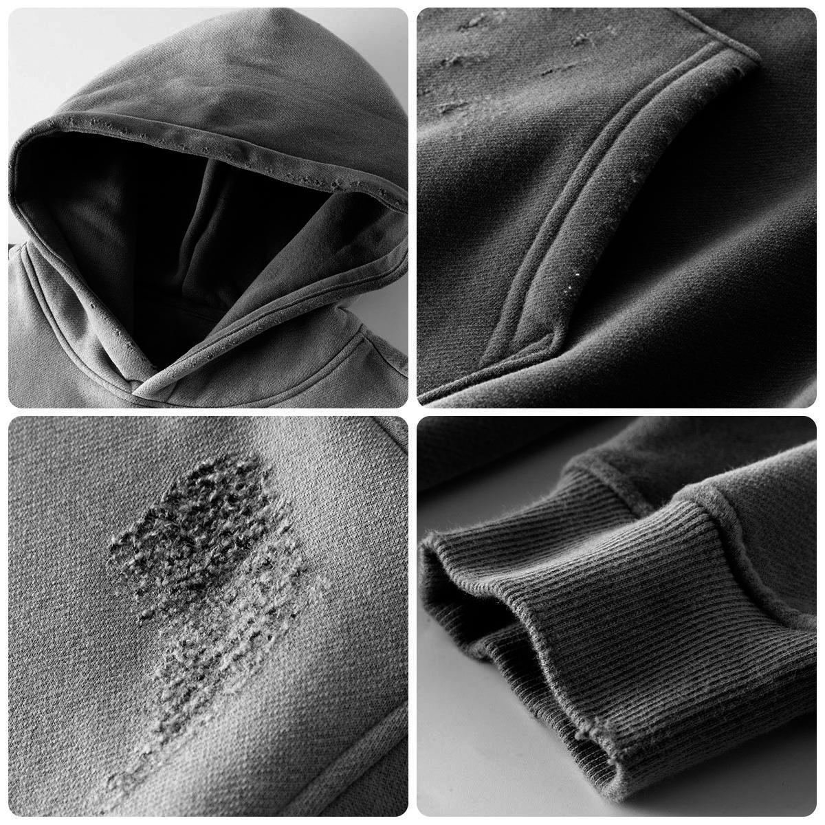 Men’s Oversized Black Hoodie 360G Fleece Vintage Wash Distressed Y2K Streetwear Gradient Pullover Hooded Sweatshirt
