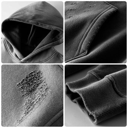 Men’s Oversized Black Hoodie 360G Fleece Vintage Wash Distressed Y2K Streetwear Gradient Pullover Hooded Sweatshirt