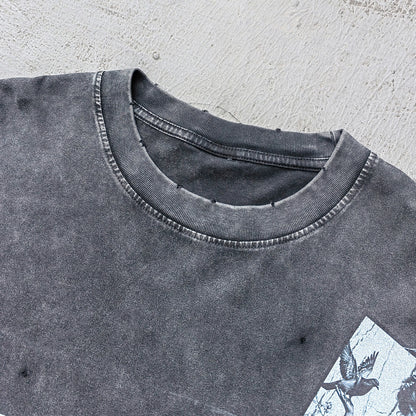 Comic Graphic Tee - Dark Gray Acid Wash Pin Up Skull Print Splatter Ripped Y2K Streetwear
