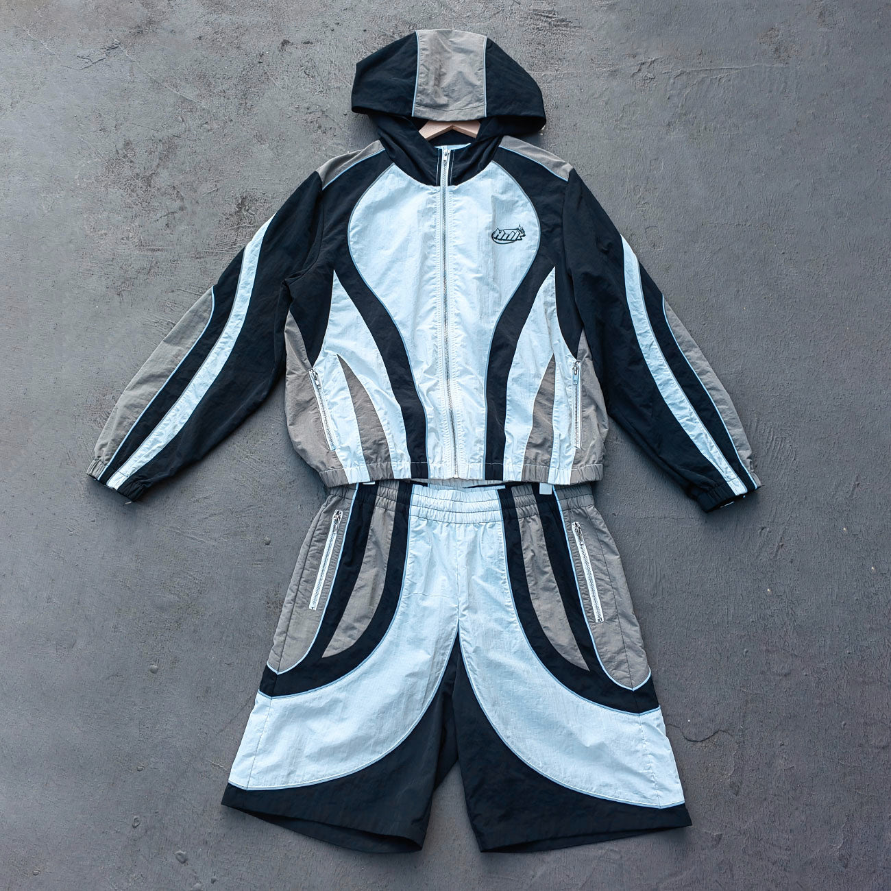 Color Block Track Suit Set - White Black Gray Hooded Windbreaker Jacket Shorts Y2K Streetwear