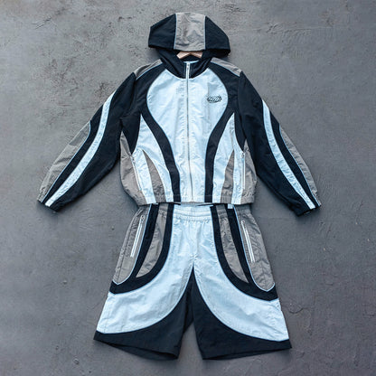 Color Block Track Suit Set - White Black Gray Hooded Windbreaker Jacket Shorts Y2K Streetwear
