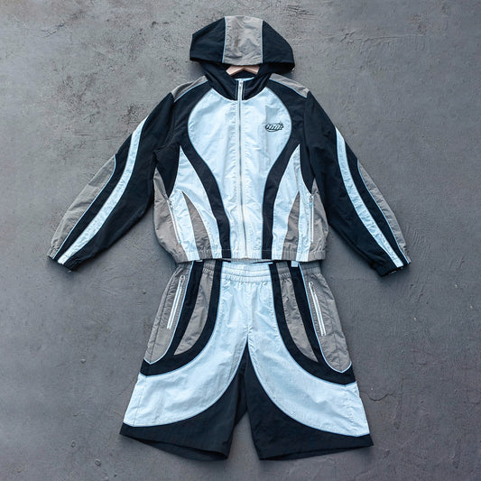 Color Block Track Suit Set - White Black Gray Hooded Windbreaker Jacket Shorts Y2K Streetwear