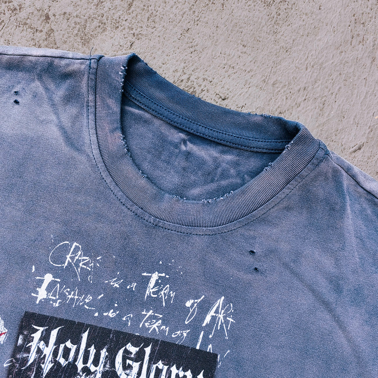 Holy Glory Graphic Tee - Navy Blue Gradient Acid Wash Distressed Portrait Collage Y2K Streetwear