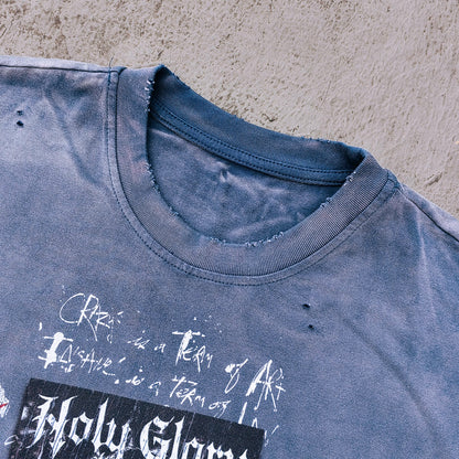 Holy Glory Graphic Tee - Navy Blue Gradient Acid Wash Distressed Portrait Collage Y2K Streetwear