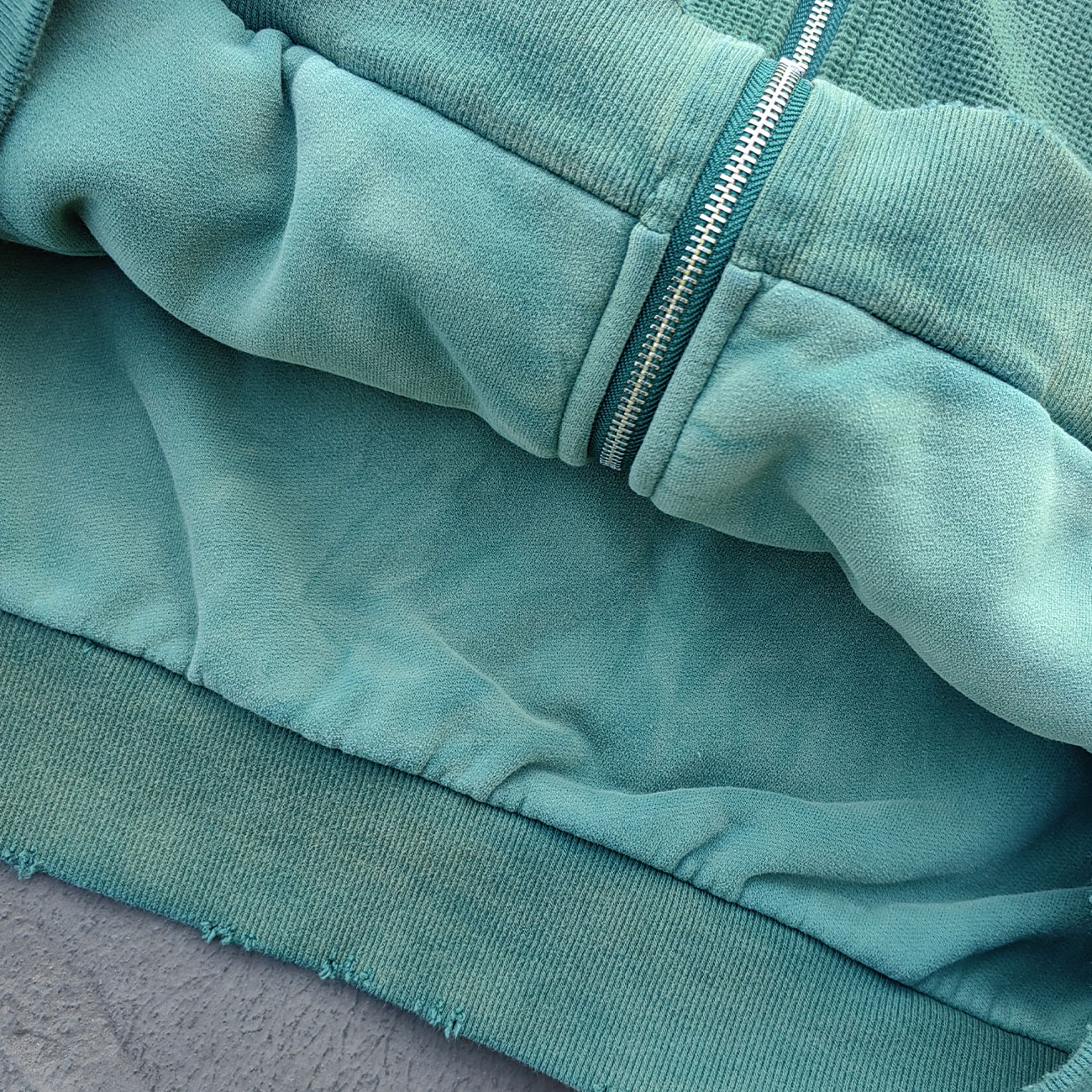 Reversible Zip Up Hoodie - Mint Green Waffle Knit Distressed Y2K Streetwear