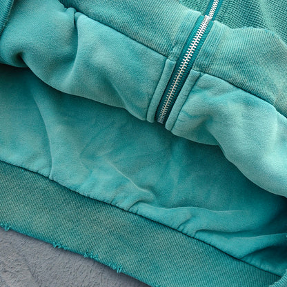Reversible Zip Up Hoodie - Mint Green Waffle Knit Distressed Y2K Streetwear