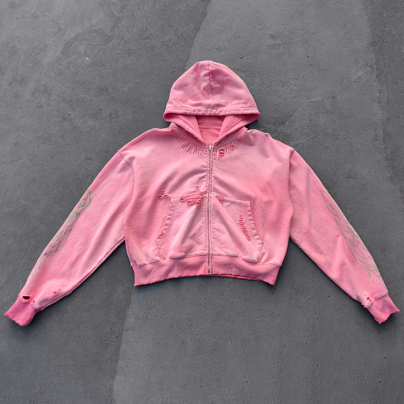 Flame Print Zip Up Hoodie - Distressed Ripped Acid Wash Y2K Streetwear