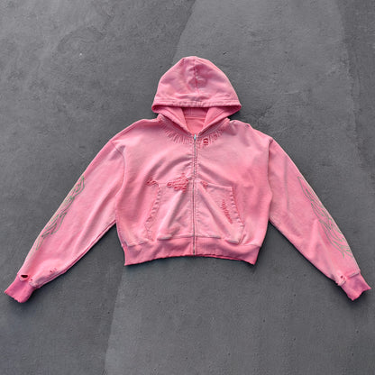 Flame Print Zip Up Hoodie - Distressed Ripped Acid Wash Y2K Streetwear