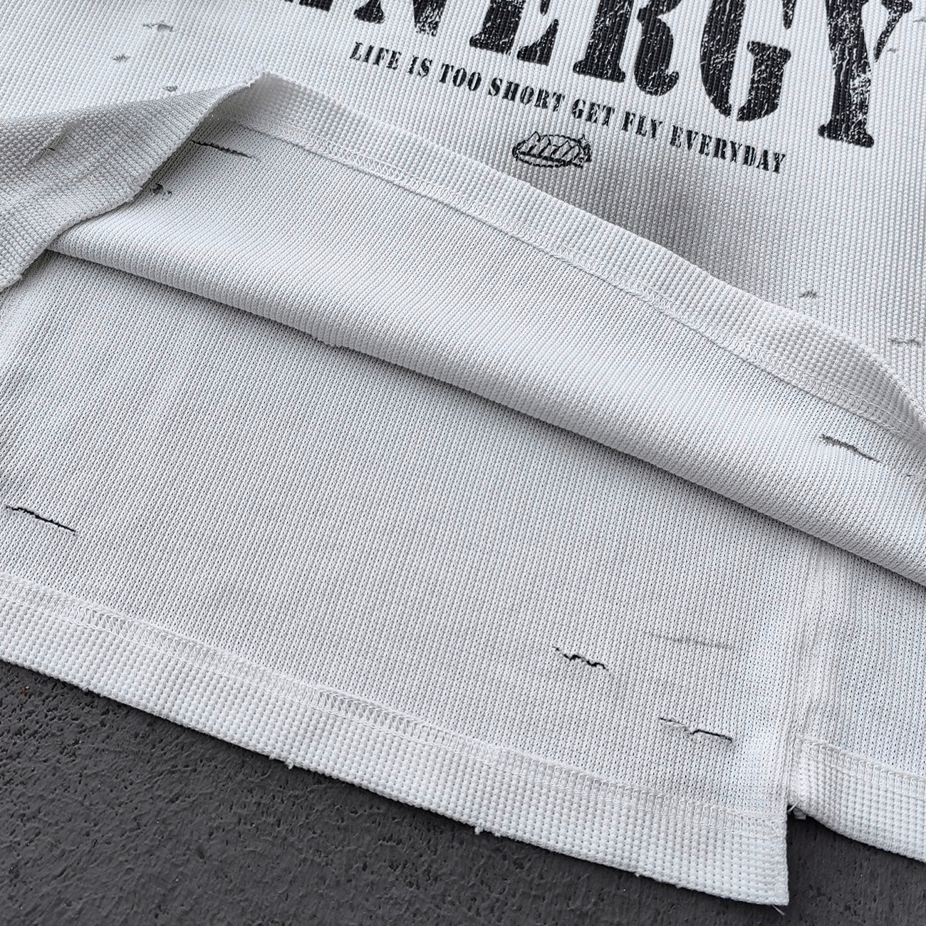 HOLY GLORY ENERGY Football Jersey Tee - Black White Waffle Knit Distressed Ripped Asymmetric Hem Y2K Streetwear