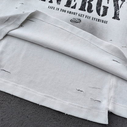 HOLY GLORY ENERGY Football Jersey Tee - Black White Waffle Knit Distressed Ripped Asymmetric Hem Y2K Streetwear