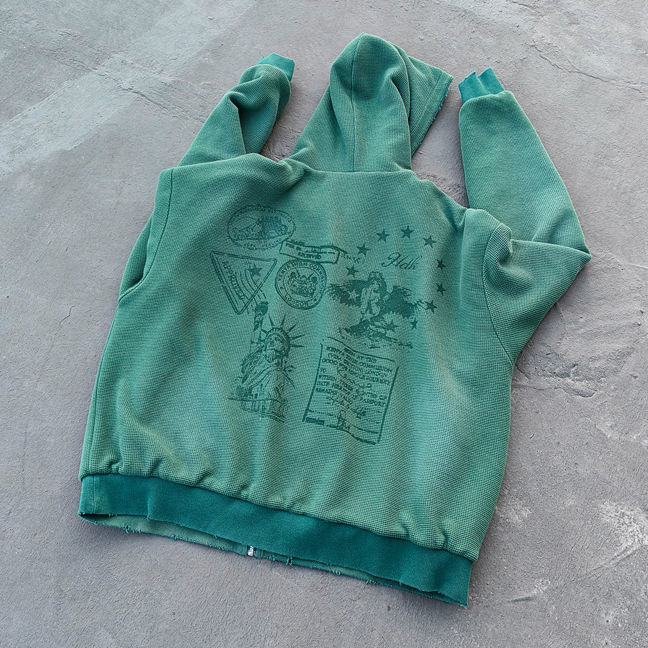 Reversible Zip Up Hoodie - Mint Green Waffle Knit Distressed Y2K Streetwear