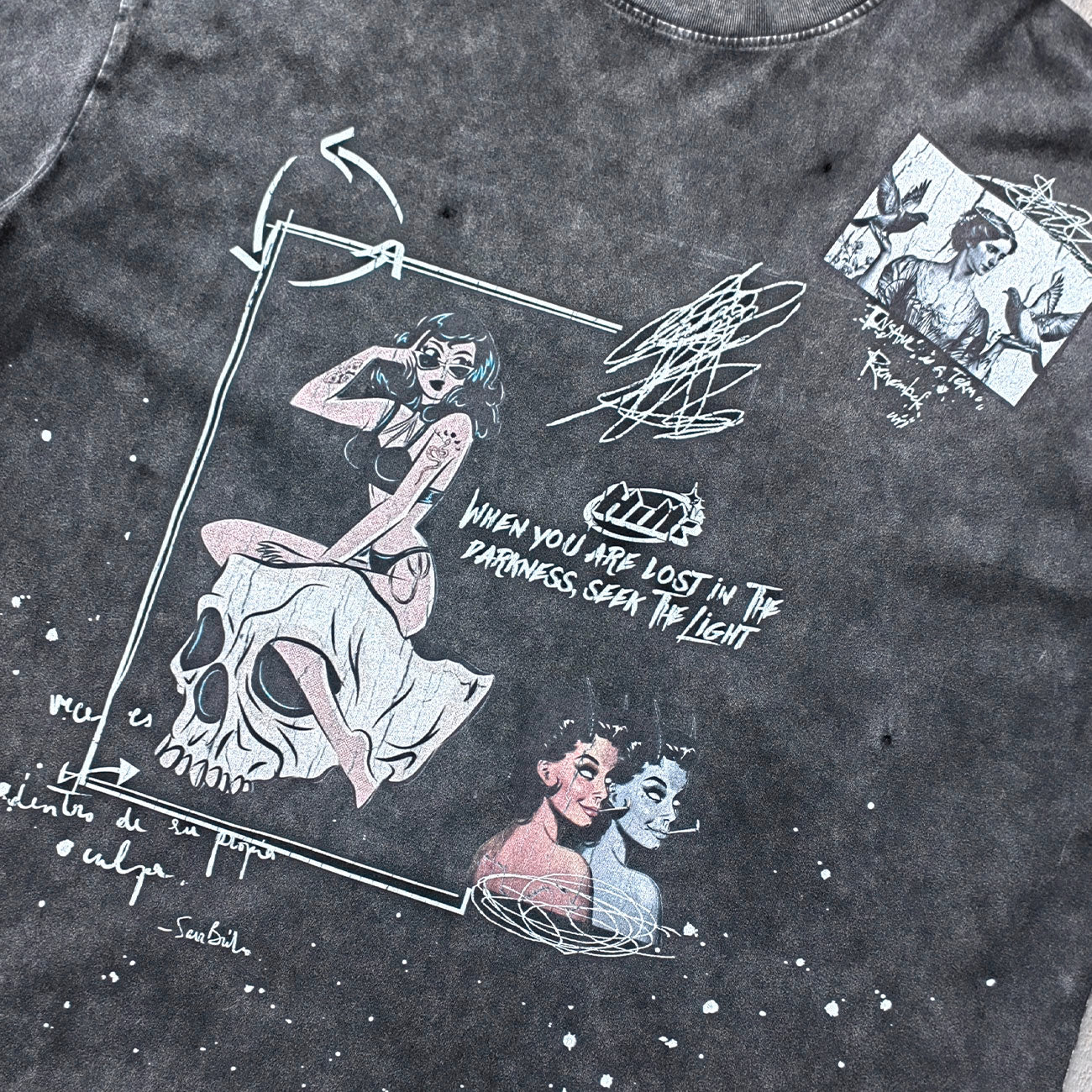 Comic Graphic Tee - Dark Gray Acid Wash Pin Up Skull Print Splatter Ripped Y2K Streetwear