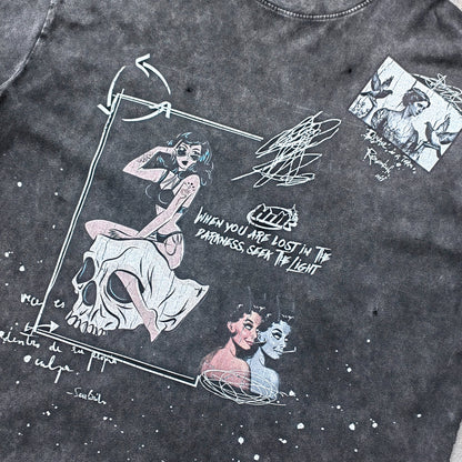 Comic Graphic Tee - Dark Gray Acid Wash Pin Up Skull Print Splatter Ripped Y2K Streetwear