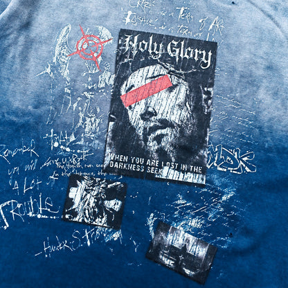 Holy Glory Graphic Tee - Navy Blue Gradient Acid Wash Distressed Portrait Collage Y2K Streetwear