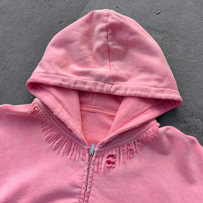 Flame Print Zip Up Hoodie - Distressed Ripped Acid Wash Y2K Streetwear