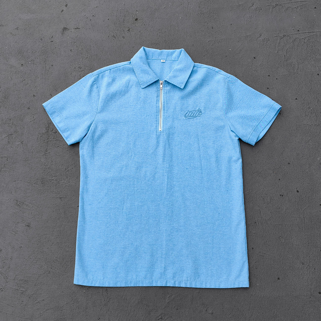 Light Blue Chambray Shirt - HDK Embroidered Half Zip / Camp Collar Y2K Streetwear