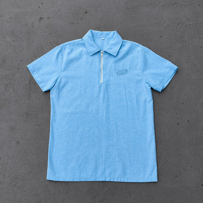 Light Blue Chambray Shirt - HDK Embroidered Half Zip / Camp Collar Y2K Streetwear