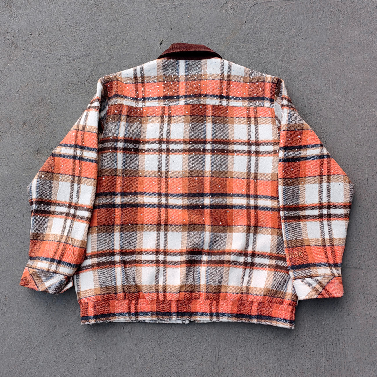Rhinestone Plaid Jacket - Corduroy Collar Orange Zip Up Y2K Utility Streetwear