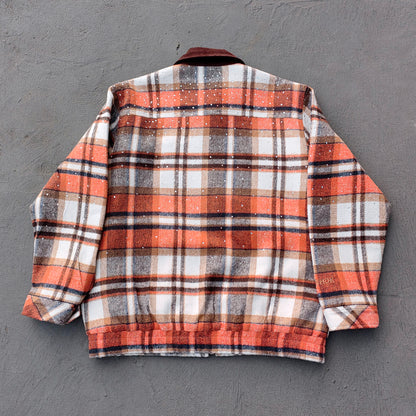 Rhinestone Plaid Jacket - Corduroy Collar Orange Zip Up Y2K Utility Streetwear