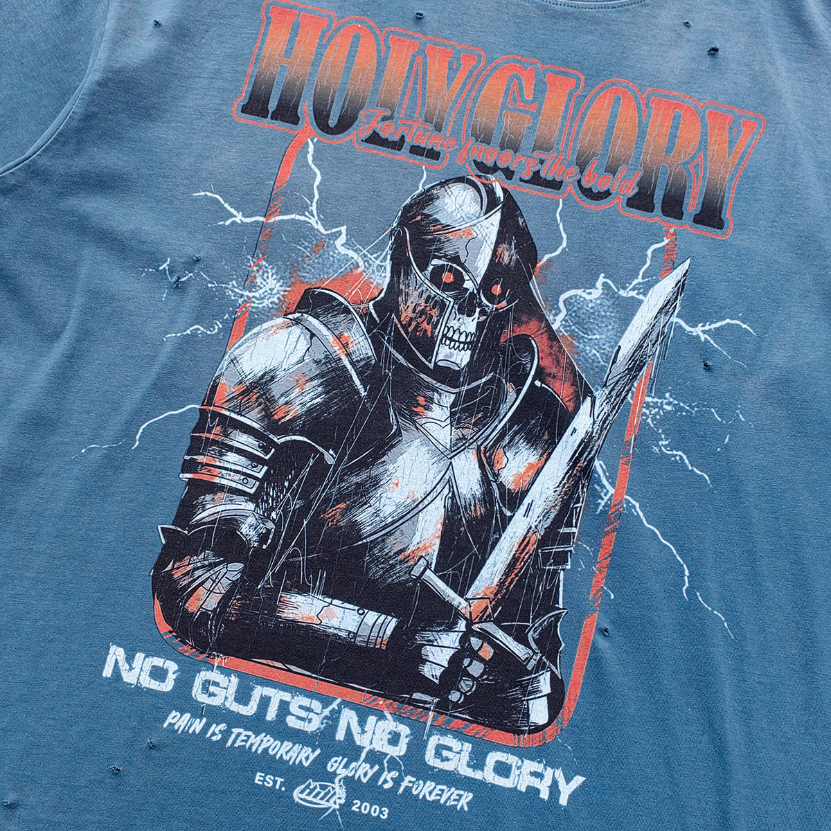 Holy Glory Graphic Tee - Slate Blue Acid Wash Skeleton Knight Lightning Distressed Ripped Y2K Streetwear