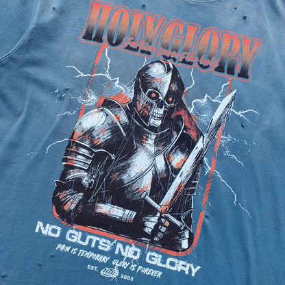 Holy Glory Graphic Tee - Slate Blue Acid Wash Skeleton Knight Lightning Distressed Ripped Y2K Streetwear