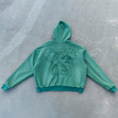 Reversible Zip Up Hoodie - Mint Green Waffle Knit Distressed Y2K Streetwear