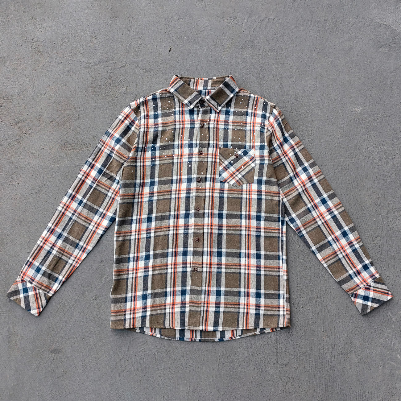 Paint Splatter Plaid Shirt - Olive Flannel Rhinestone Y2K Button Up Streetwear