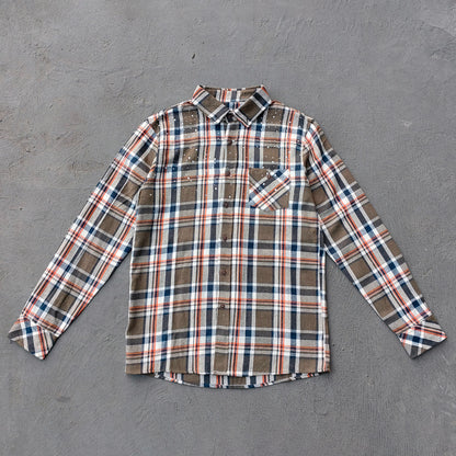 Paint Splatter Plaid Shirt - Olive Flannel Rhinestone Y2K Button Up Streetwear