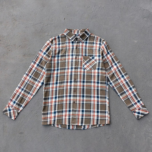 Paint Splatter Plaid Shirt - Olive Flannel Rhinestone Y2K Button Up Streetwear