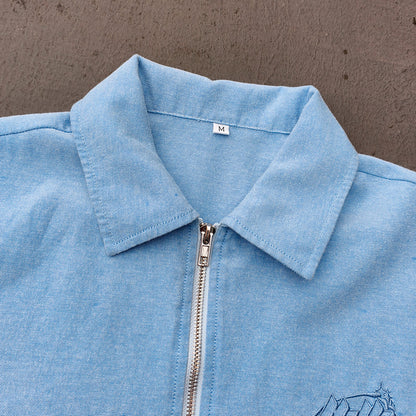 Light Blue Chambray Shirt - HDK Embroidered Half Zip / Camp Collar Y2K Streetwear