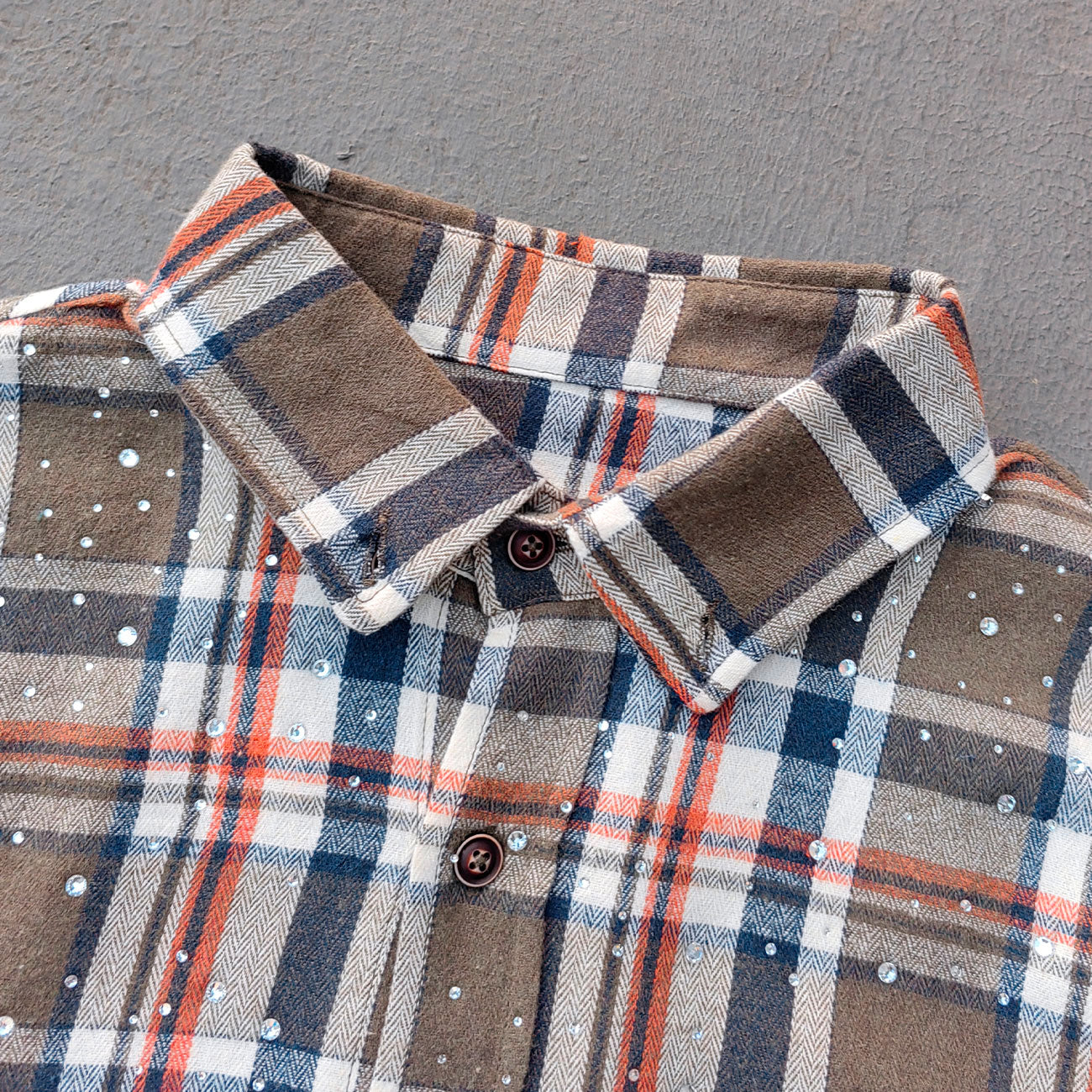 Paint Splatter Plaid Shirt - Olive Flannel Rhinestone Y2K Button Up Streetwear