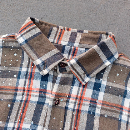 Paint Splatter Plaid Shirt - Olive Flannel Rhinestone Y2K Button Up Streetwear