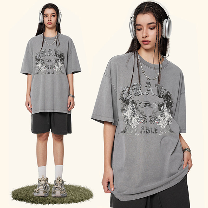 European and American vintage printed short-sleeved tee oversized casual T-shirt