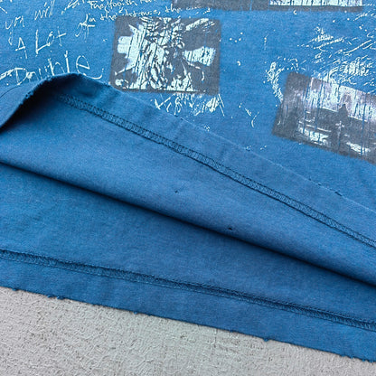 Holy Glory Graphic Tee - Navy Blue Gradient Acid Wash Distressed Portrait Collage Y2K Streetwear