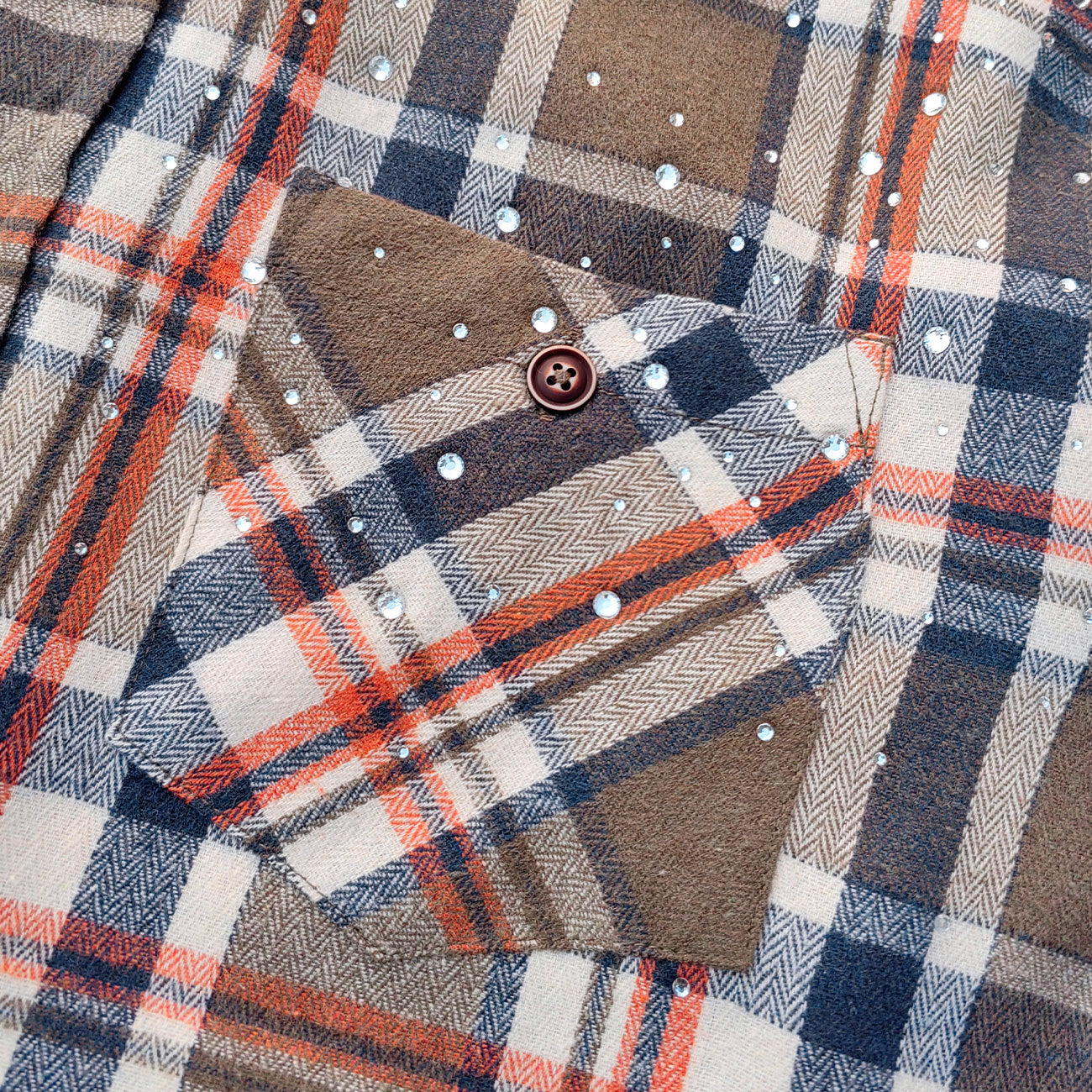 Paint Splatter Plaid Shirt - Olive Flannel Rhinestone Y2K Button Up Streetwear