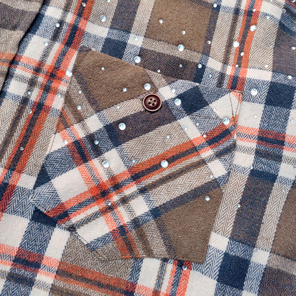 Paint Splatter Plaid Shirt - Olive Flannel Rhinestone Y2K Button Up Streetwear