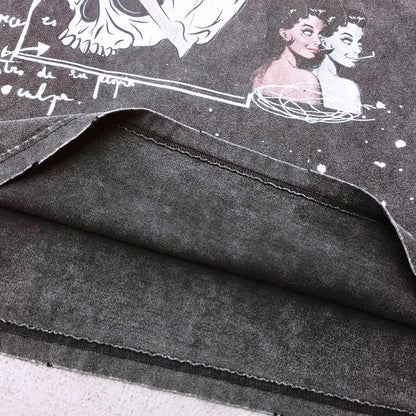 Comic Graphic Tee - Dark Gray Acid Wash Pin Up Skull Print Splatter Ripped Y2K Streetwear