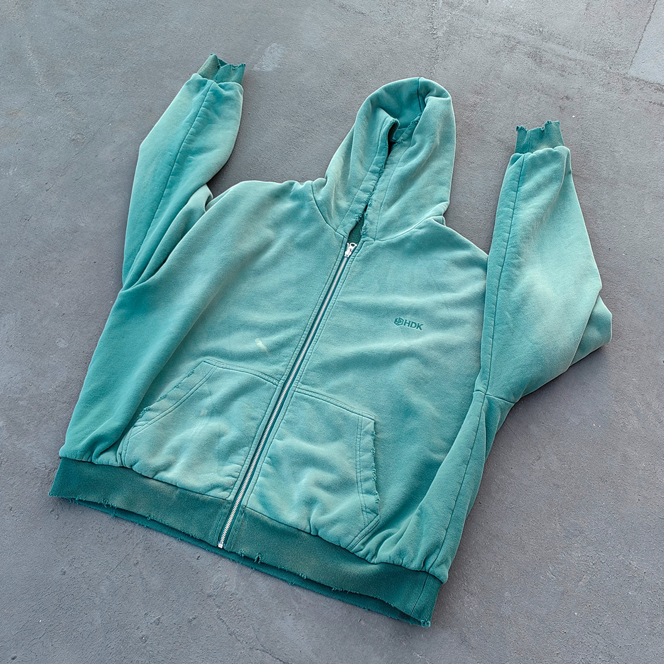 Reversible Zip Up Hoodie - Mint Green Waffle Knit Distressed Y2K Streetwear