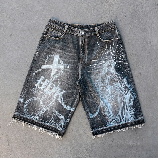 Religious Print Denim Shorts - Rhinestone Cross Y2K Baggy Black Jorts